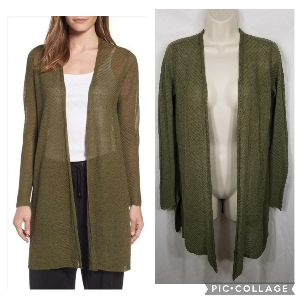 Women's Eileen Fisher Green Sheer Hemp Blend Open Front Cardigan Long Sleeve XS